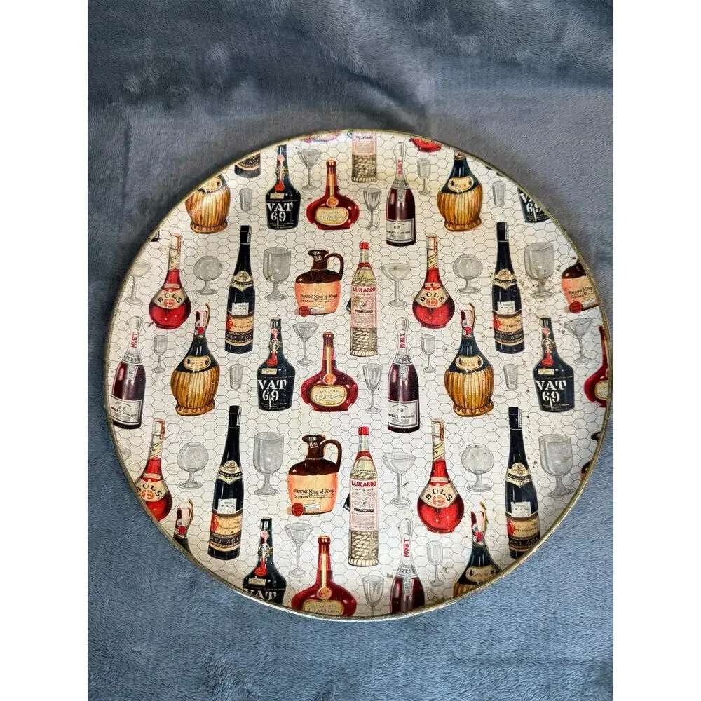 1950's Lot 18 Piece Barware Set Liquor Bottle Design Tray Plates Bottle Opener